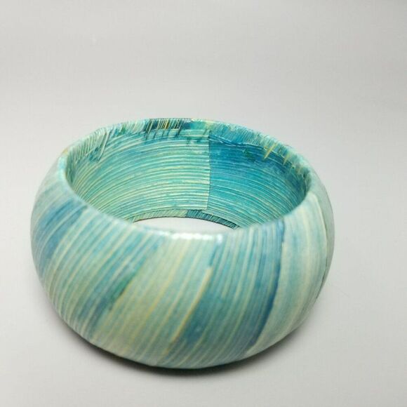 Vintage Blue and White Textured Design Wide Bangle Bracelet, Retro Boho Style - Picture 2 of 6